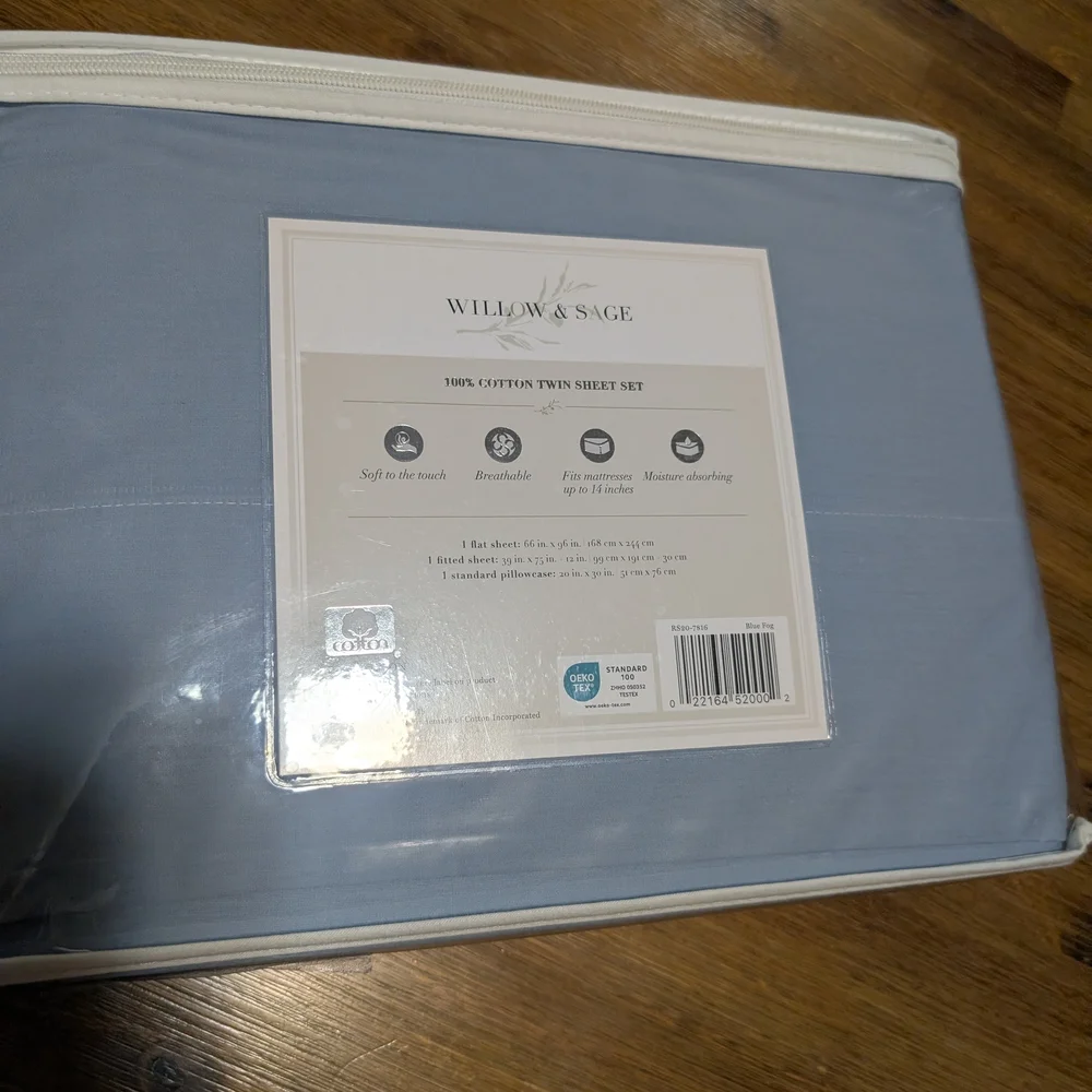 New 100% Cotton Willow & Sage Light Blue Twin Sheet Set - Picture 4 of 4